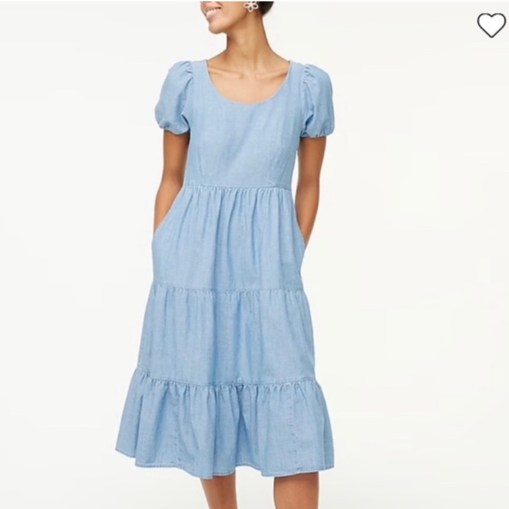 J. Crew Chambray Midi Puff Sleeve Dress NWT Tiered Scoop Neck